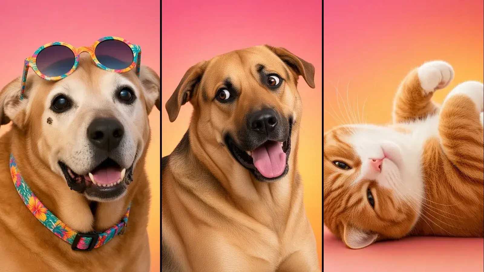 Three cast portraits side by side: Bailey the senior golden dog in sunglasses, Diesel the big tan dog with his tongue out, and Bruno the orange cat rolling on his back.